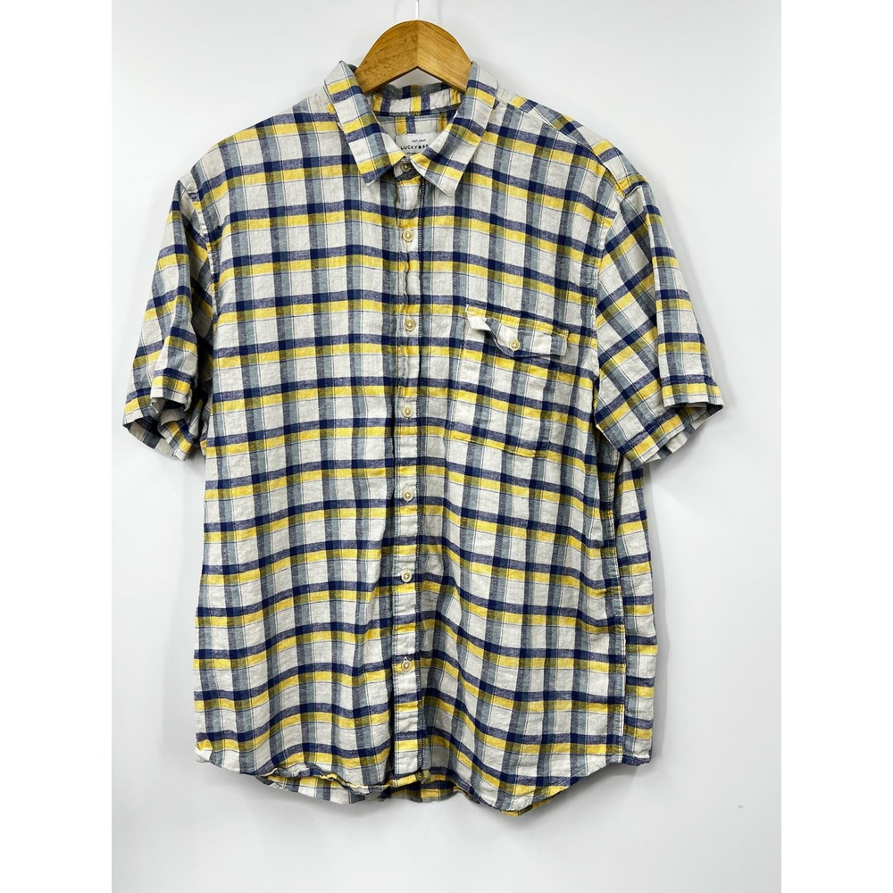 Lucky Brand Mens XL Blue Yellow Plaid Short Sleeve Button‎ Up Shirt